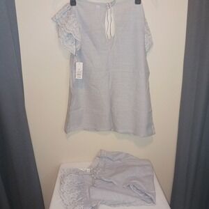 No Boundaries Blue White Stripe Top Ruffle Eyelet Sleeve pajama set capri pant M